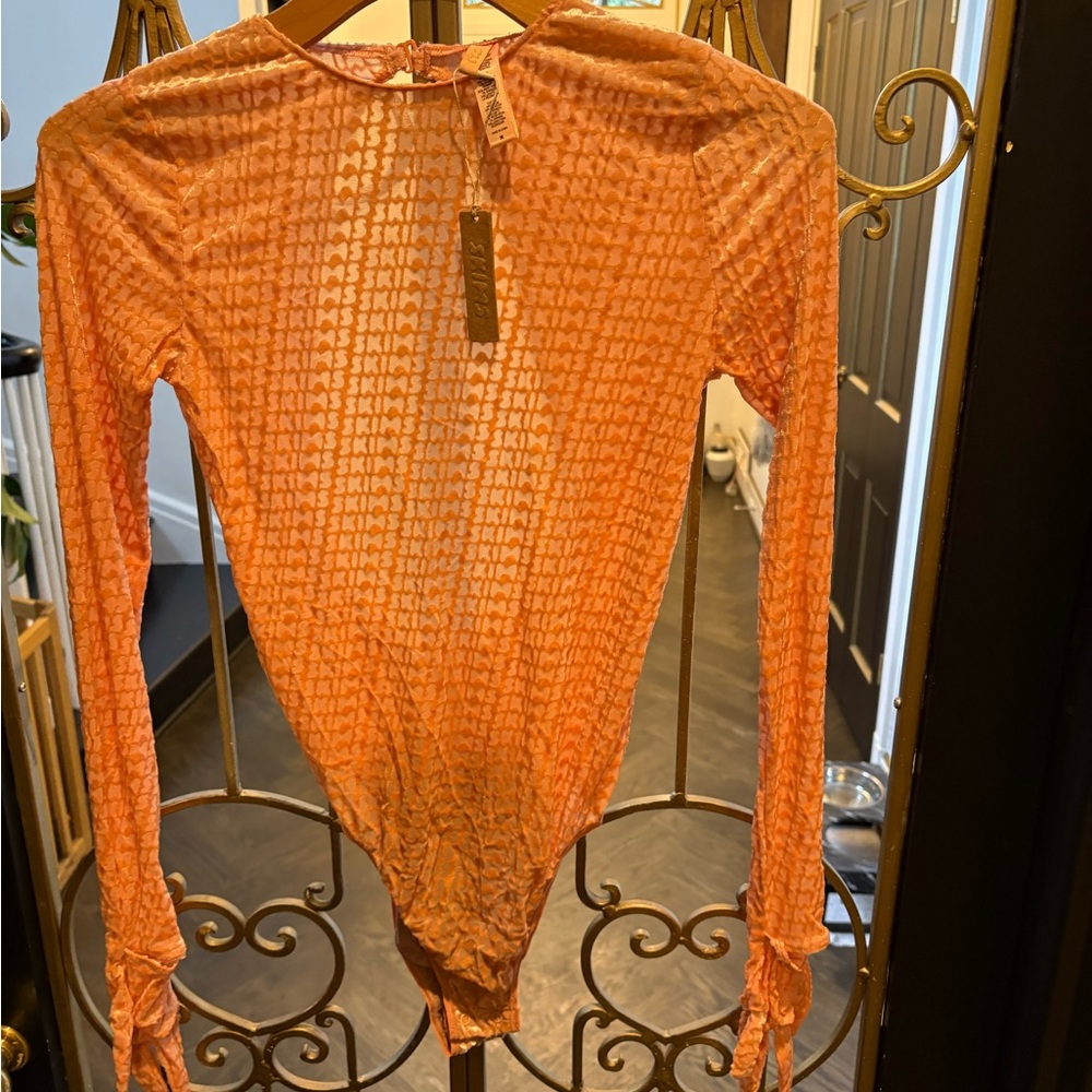SKIMS logo flocked Velvet Mesh Bodysuit with gloves nwt mesh sheer Kim kardasian - Picture 3 of 8